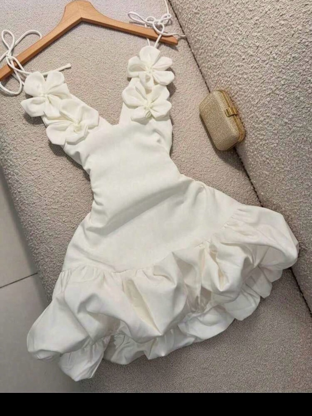 White Floral Strap Ruffle Mini Dress